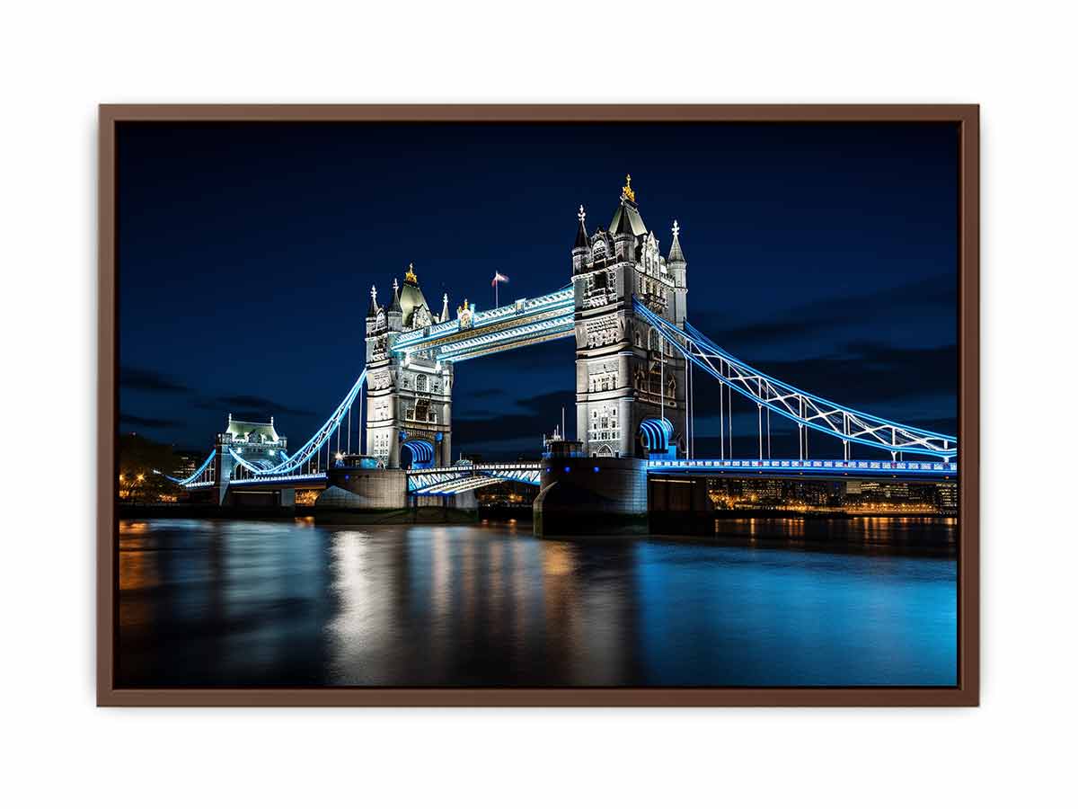 Night Tower Bridge canvas art with blue lights for office decor.