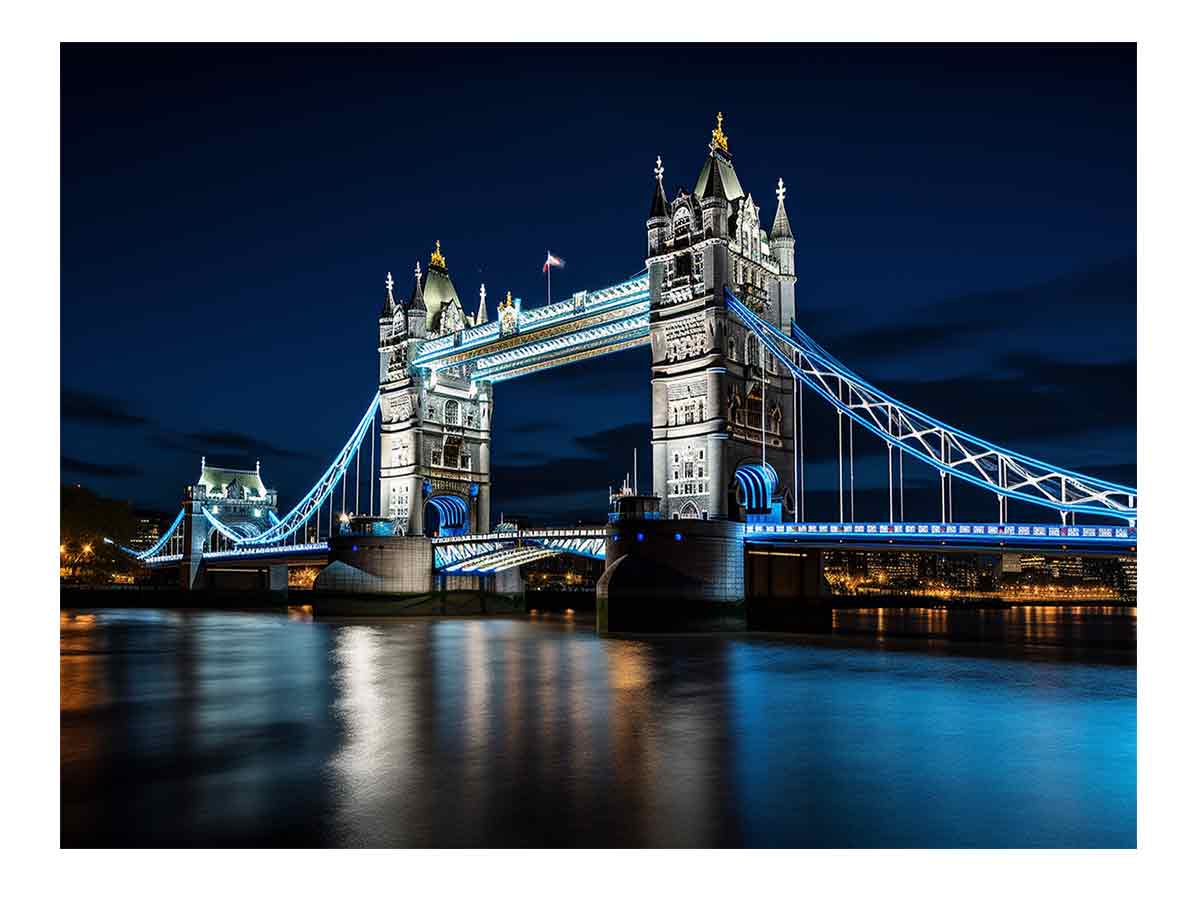 Night Tower Bridge canvas art with blue lights for office decor.