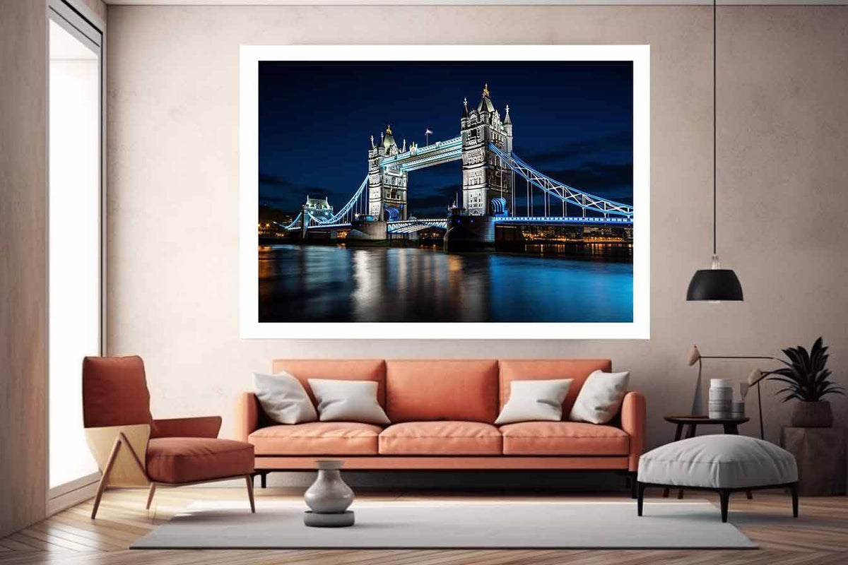 Night Tower Bridge canvas art with blue lights for office decor.