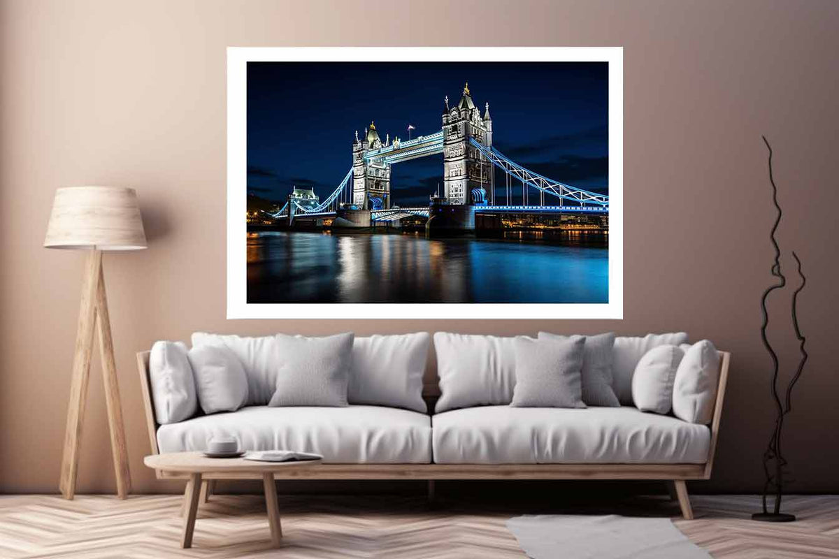 Night Tower Bridge canvas art with blue lights for office decor.