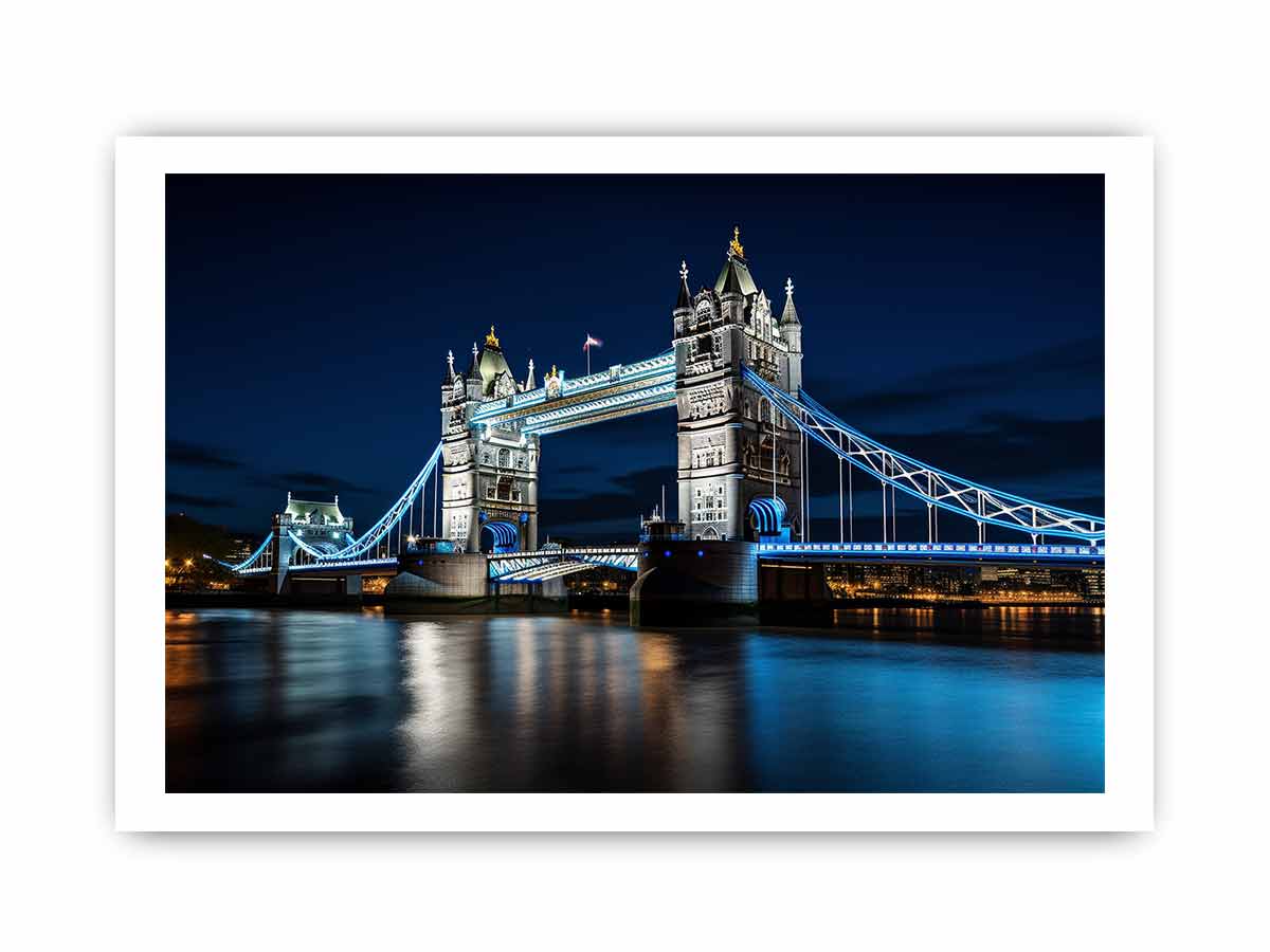 Night Tower Bridge canvas art with blue lights for office decor.
