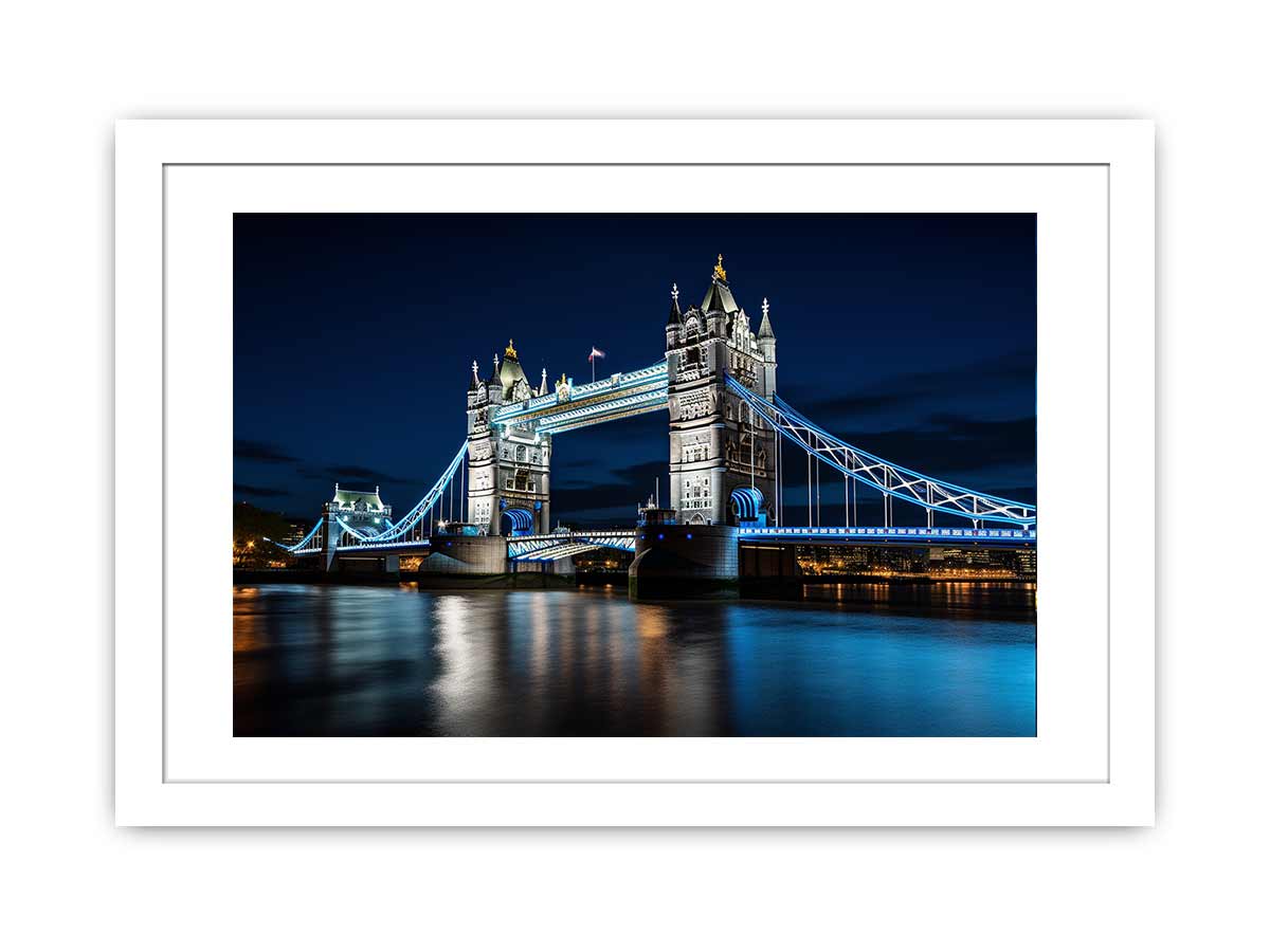 Night Tower Bridge canvas art with blue lights for office decor.
