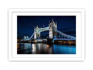 Night Tower Bridge canvas art with blue lights for office decor.
