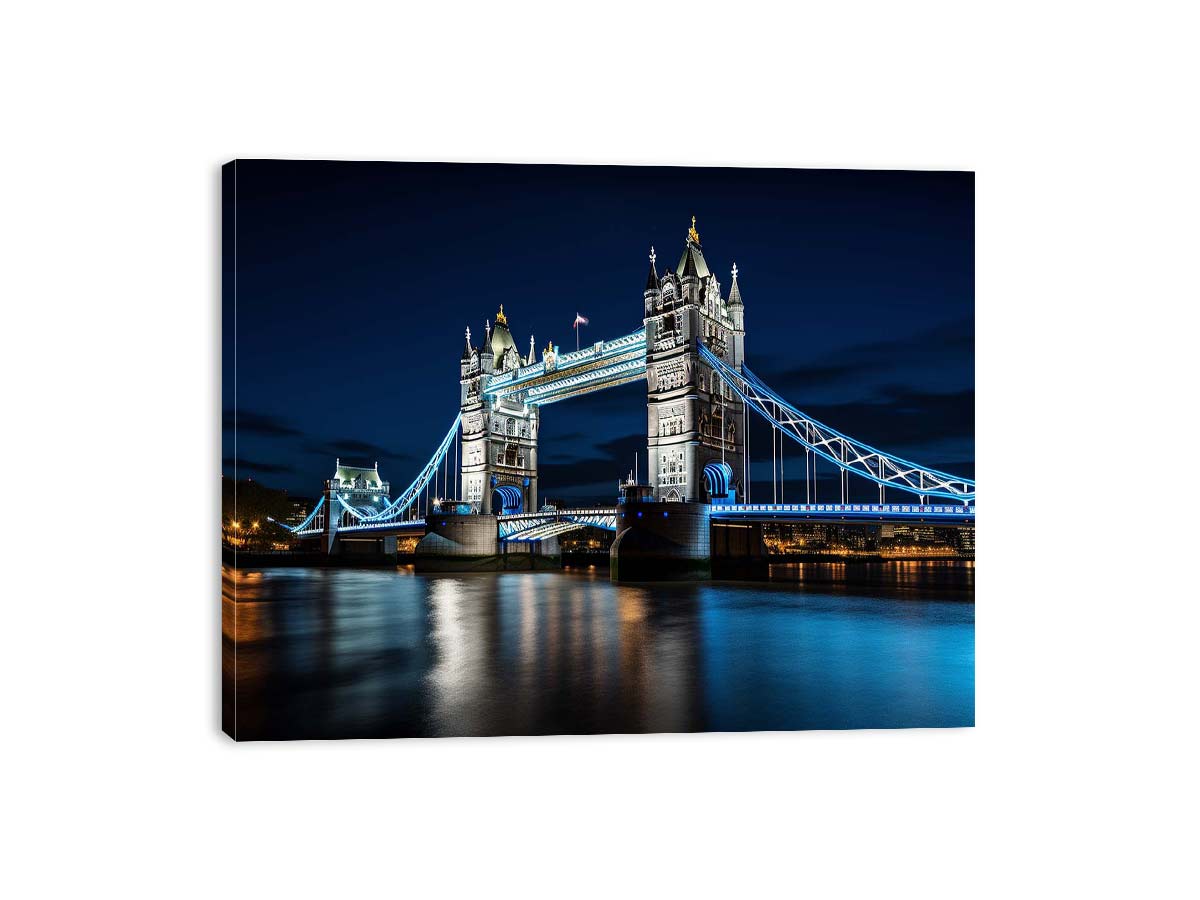 Night Tower Bridge canvas art with blue lights for office decor.