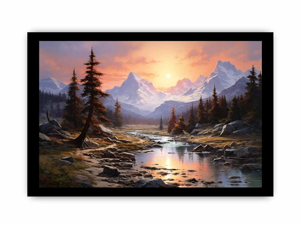 Mountain sunrise canvas art with river and trees for bedroom decor.