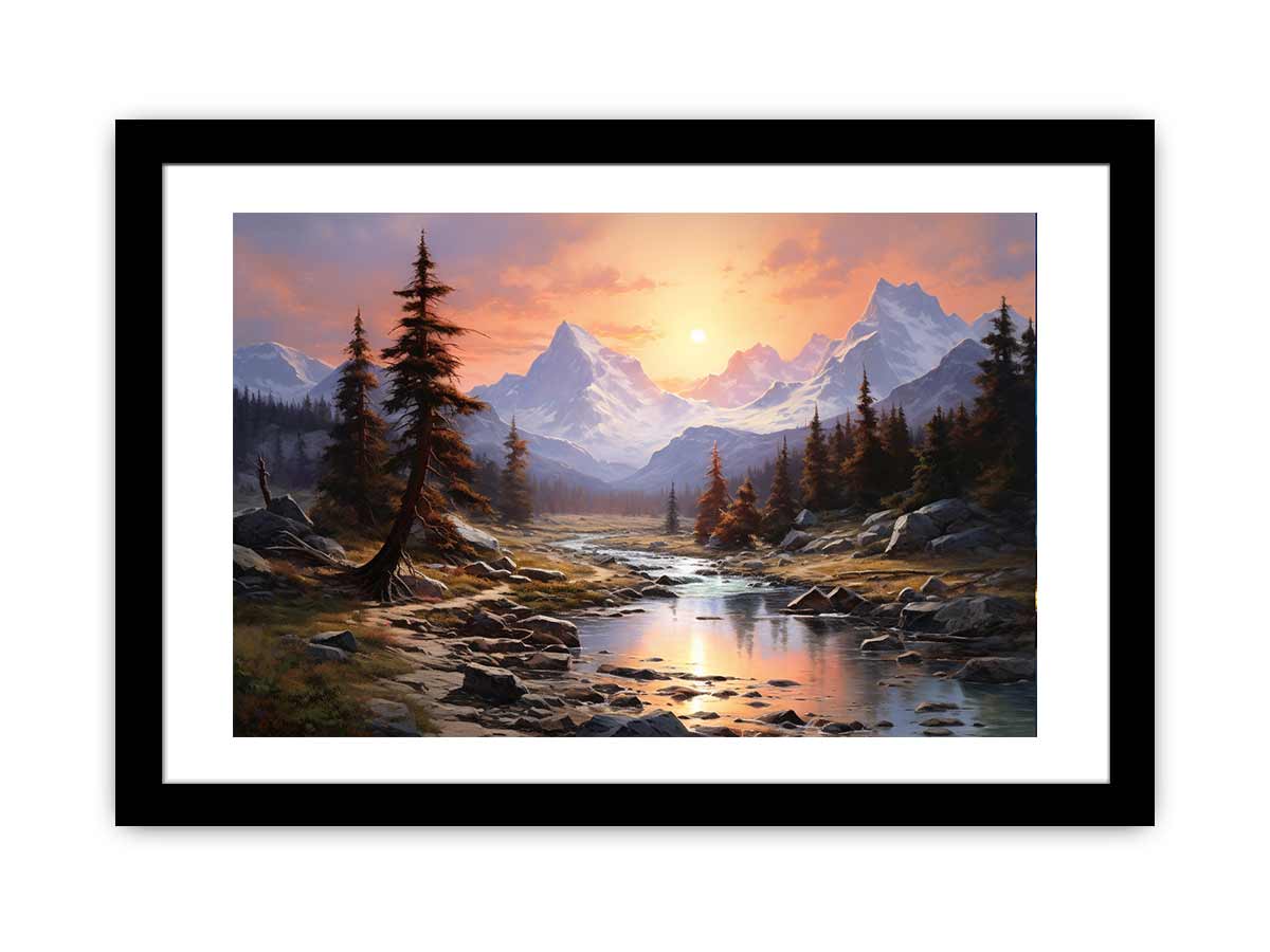 Mountain sunrise canvas art with river and trees for bedroom decor.