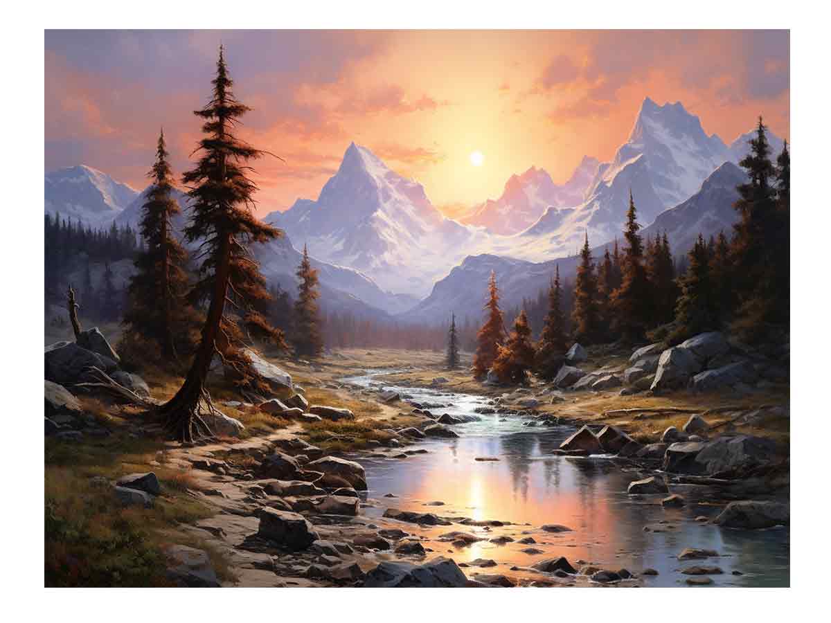 Mountain sunrise canvas art with river and trees for bedroom decor.