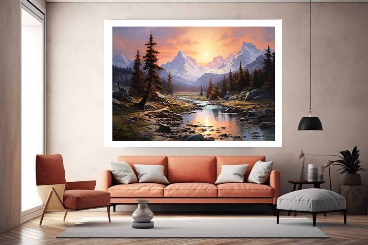 Mountain sunrise canvas art with river and trees for bedroom decor.