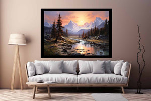 Mountain sunrise canvas art with river and trees for bedroom decor.