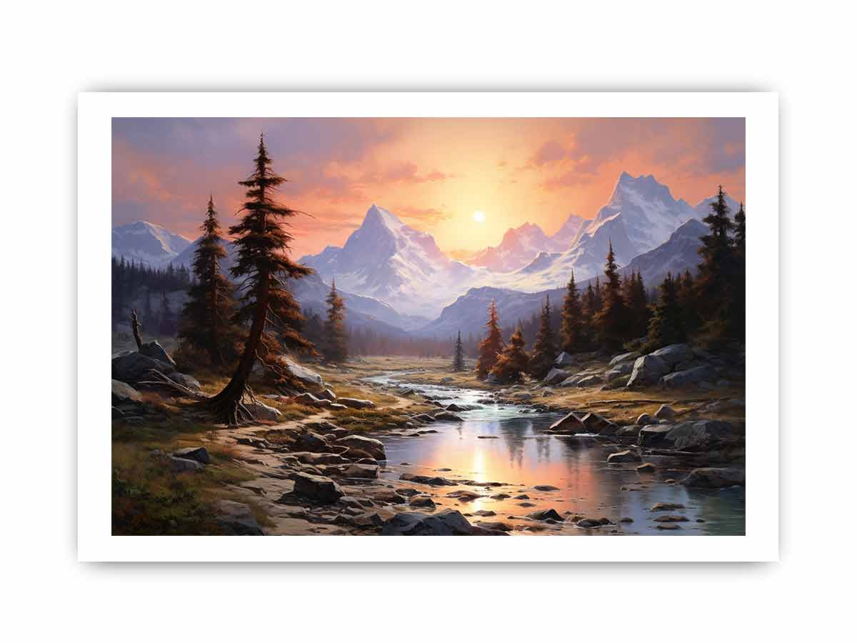 Mountain sunrise canvas art with river and trees for bedroom decor.