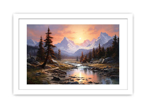 Mountain sunrise canvas art with river and trees for bedroom decor.