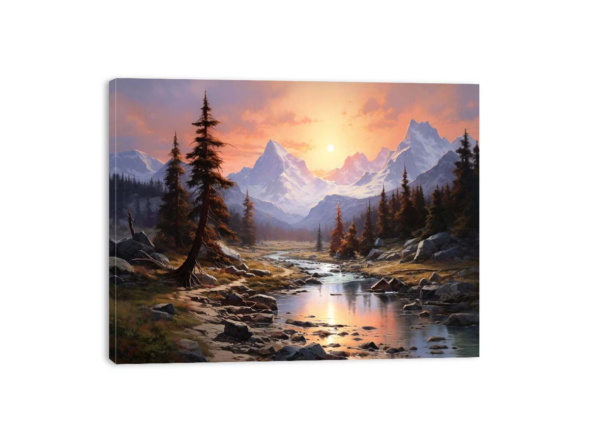Mountain sunrise canvas art with river and trees for bedroom decor.