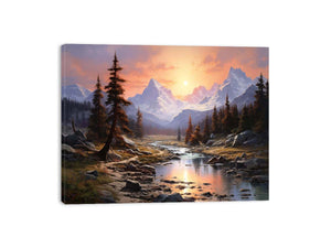 Mountain sunrise canvas art with river and trees for bedroom decor.
