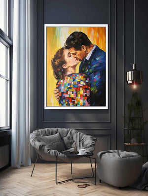 Colorful romantic couple canvas art for modern bedroom decor.