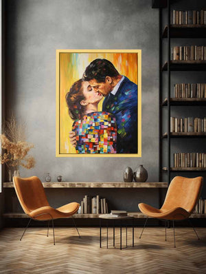 Colorful romantic couple canvas art for modern bedroom decor.