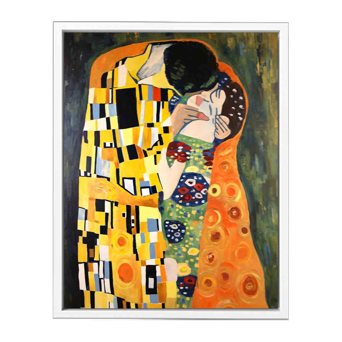 Patterned romantic kiss canvas art for warm bedroom decor.