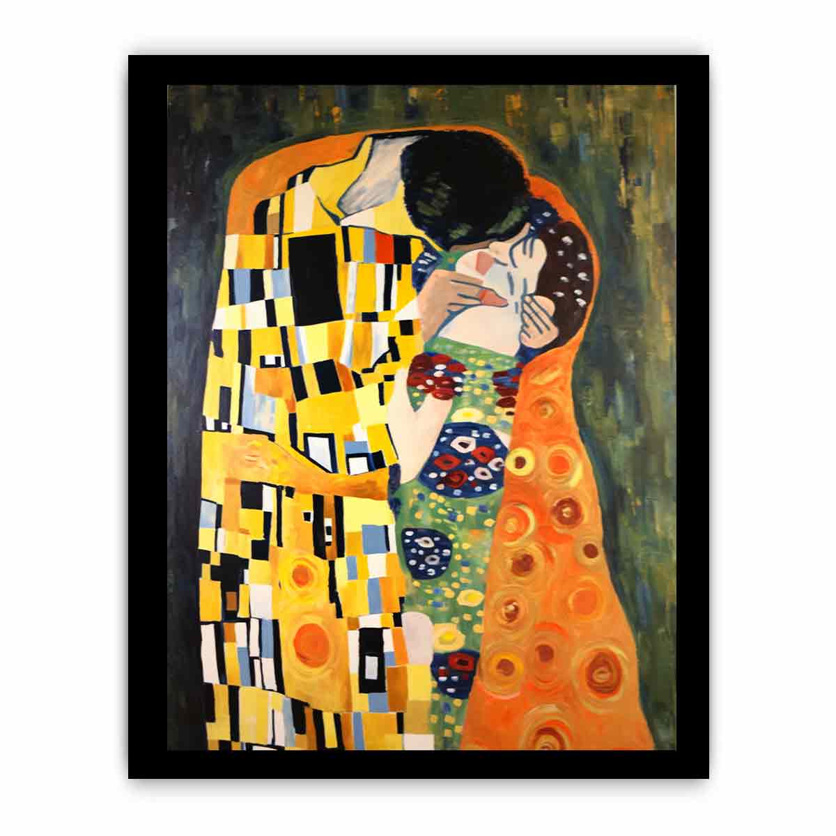 Patterned romantic kiss canvas art for warm bedroom decor.