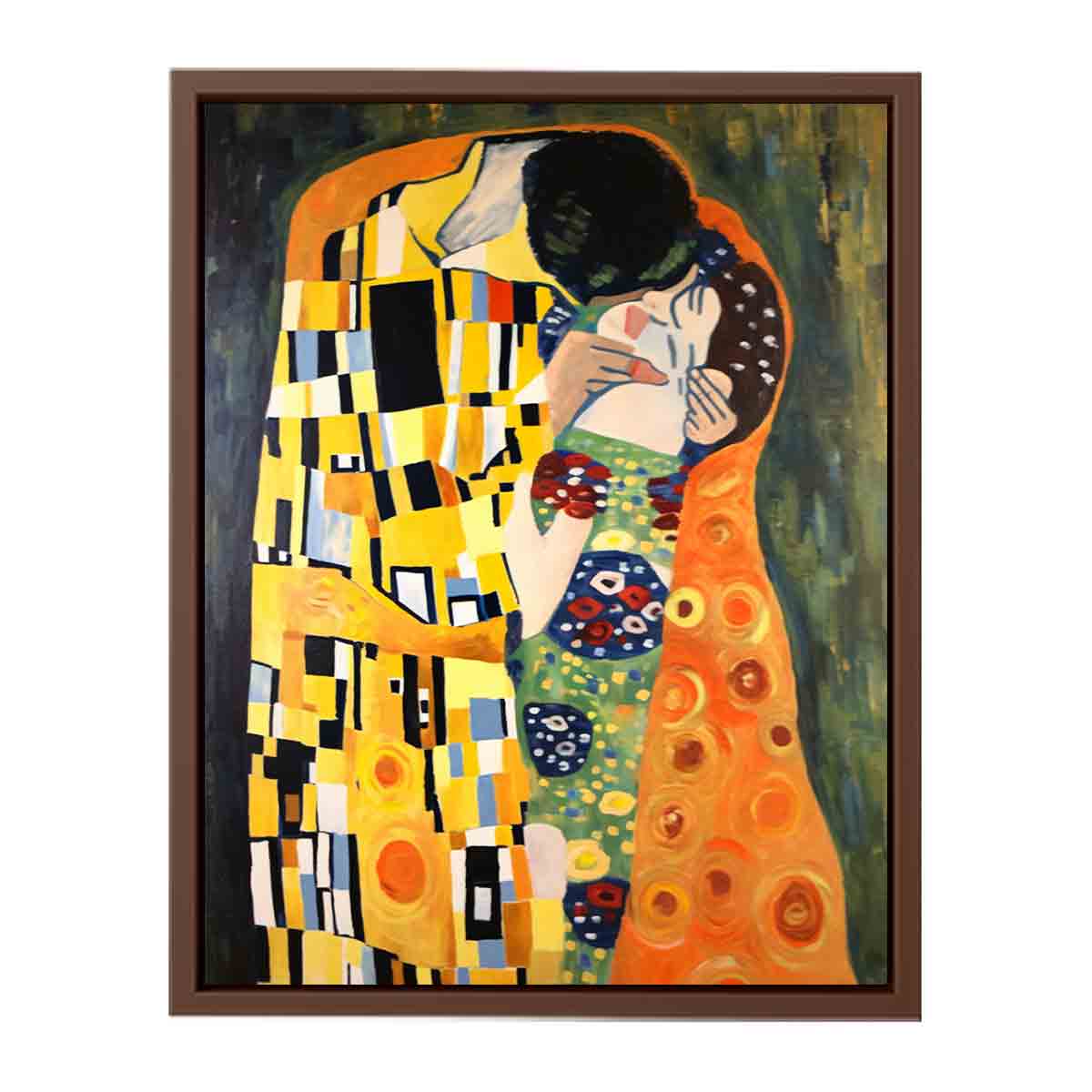 Patterned romantic kiss canvas art for warm bedroom decor.
