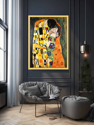 Patterned romantic kiss canvas art for warm bedroom decor.