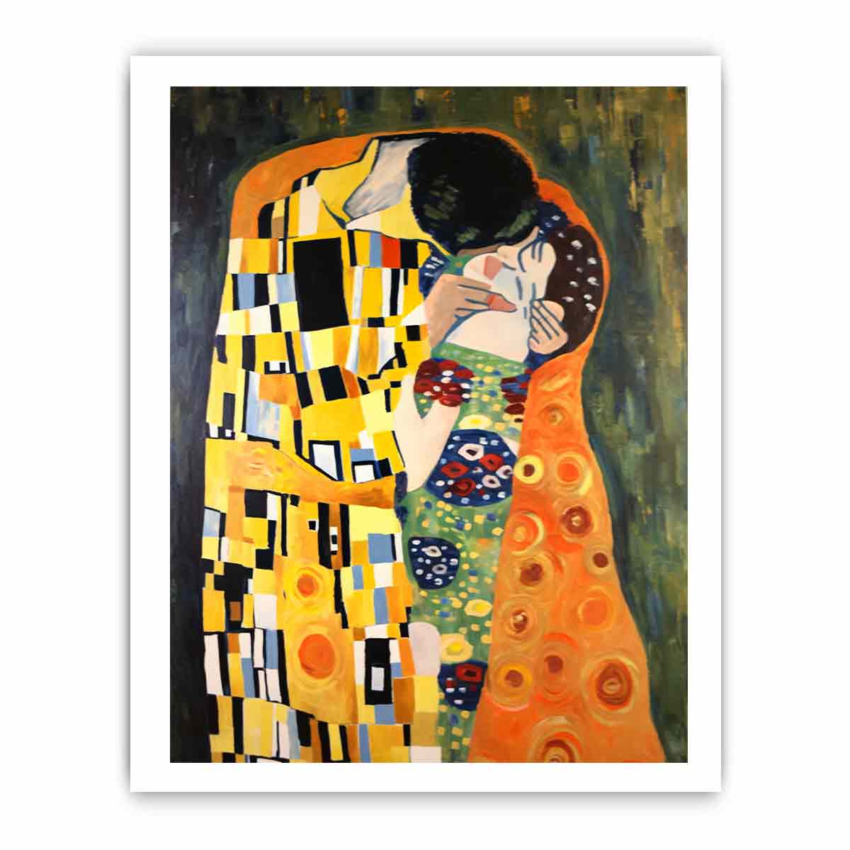 Patterned romantic kiss canvas art for warm bedroom decor.
