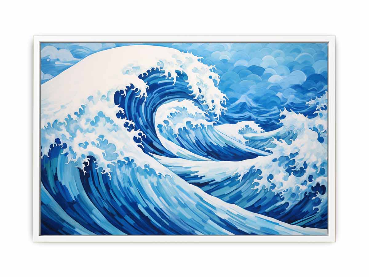 Blue ocean wave canvas art for coastal living room decor.