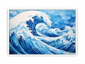 Blue ocean wave canvas art for coastal living room decor.
