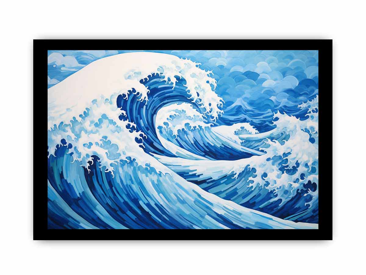 Blue ocean wave canvas art for coastal living room decor.