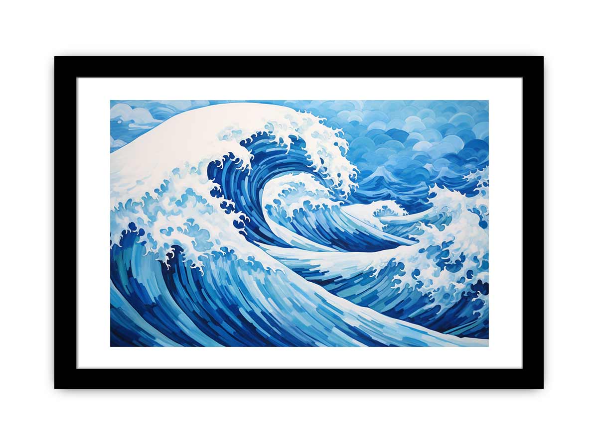 Blue ocean wave canvas art for coastal living room decor.