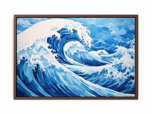Blue ocean wave canvas art for coastal living room decor.