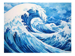 Blue ocean wave canvas art for coastal living room decor.