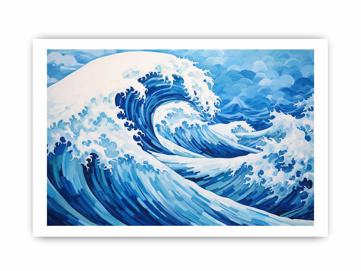 Blue ocean wave canvas art for coastal living room decor.
