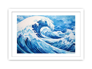 Blue ocean wave canvas art for coastal living room decor.