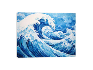 Blue ocean wave canvas art for coastal living room decor.