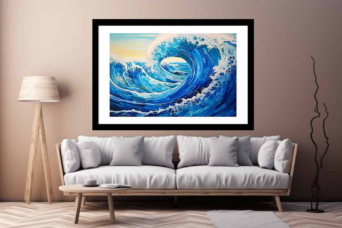Curling ocean wave canvas art for modern coastal bedroom decor.