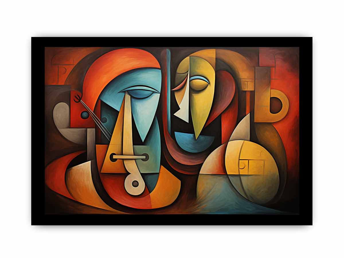 Cubist abstract faces canvas art for modern living room decor.