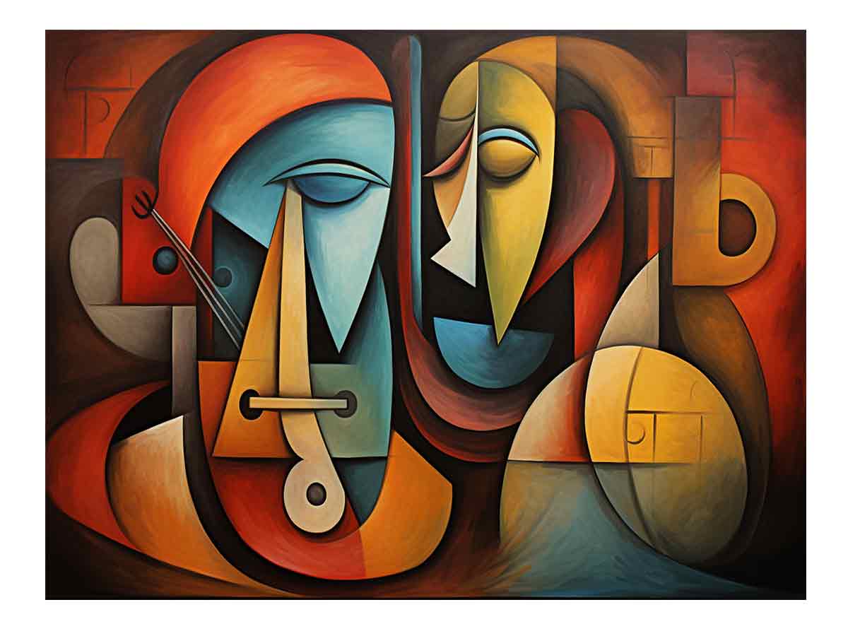 Cubist abstract faces canvas art for modern living room decor.