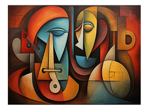 Cubist abstract faces canvas art for modern living room decor.