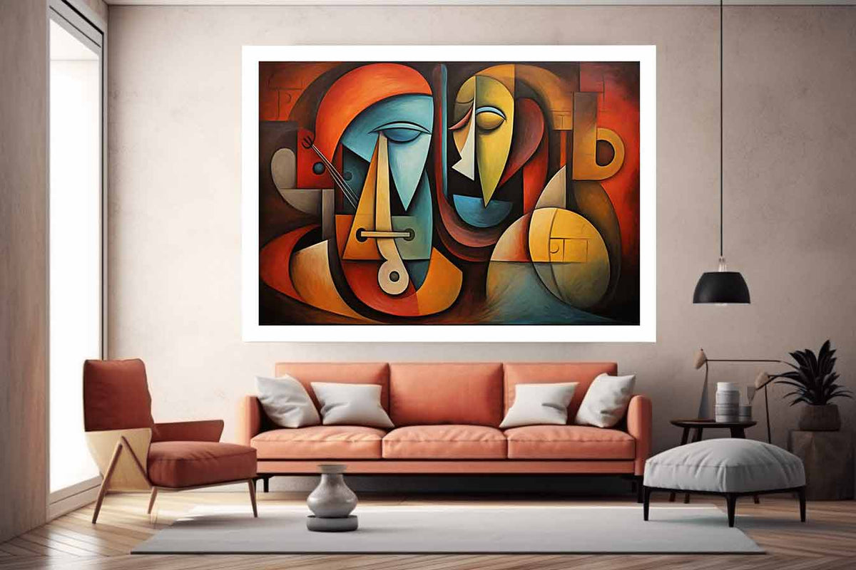 Cubist abstract faces canvas art for modern living room decor.