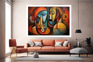 Cubist abstract faces canvas art for modern living room decor.