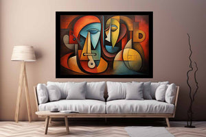 Cubist abstract faces canvas art for modern living room decor.