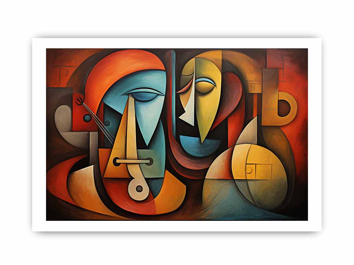 Cubist abstract faces canvas art for modern living room decor.