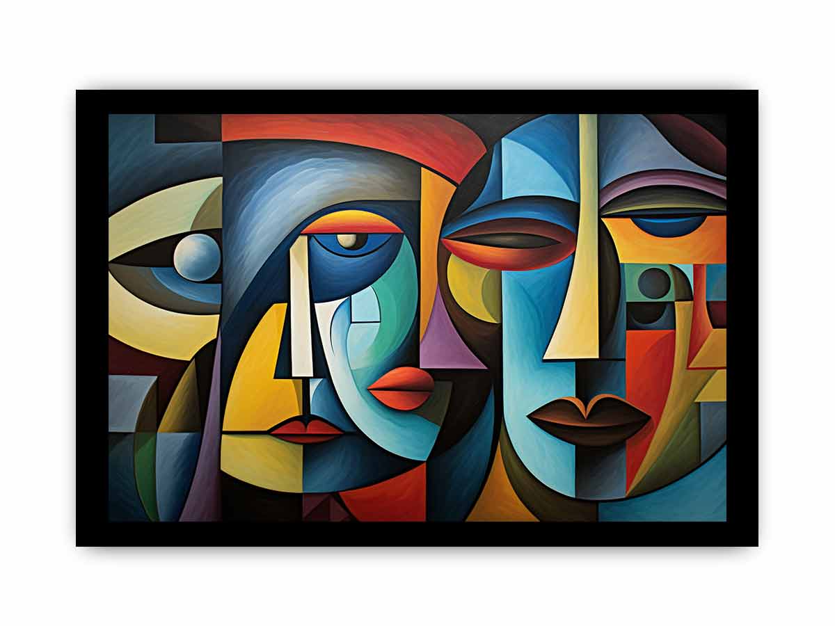 Colorful cubist faces canvas art for modern living room decor.