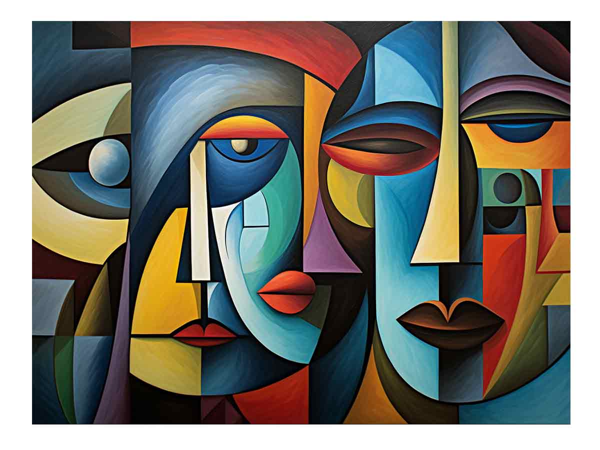 Colorful cubist faces canvas art for modern living room decor.