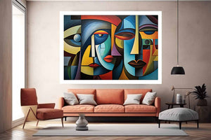 Colorful cubist faces canvas art for modern living room decor.
