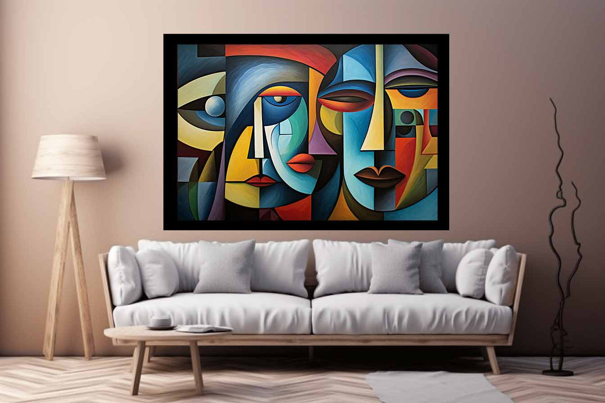 Colorful cubist faces canvas art for modern living room decor.