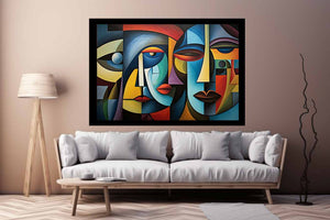 Colorful cubist faces canvas art for modern living room decor.