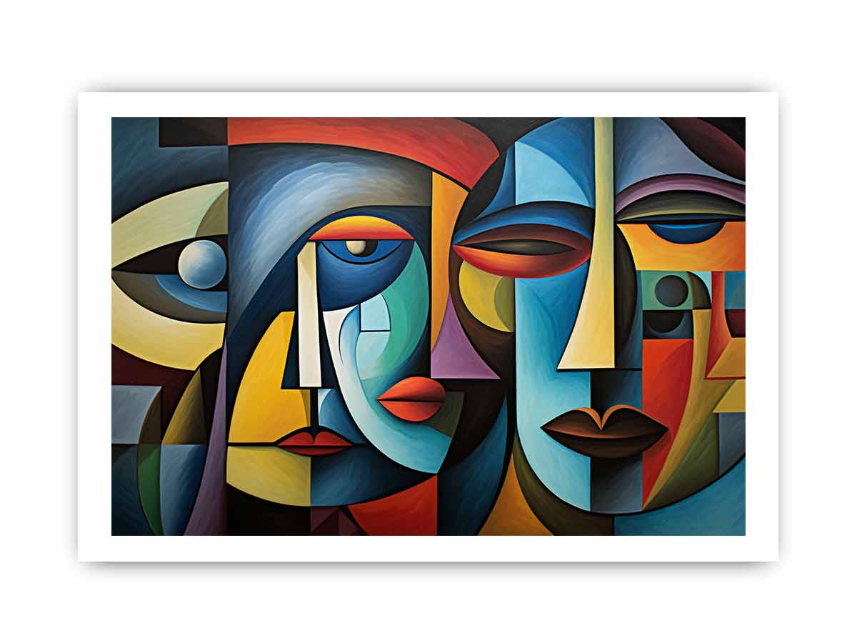 Colorful cubist faces canvas art for modern living room decor.