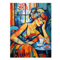Colorful woman café canvas art for kitchen and dining room decor.