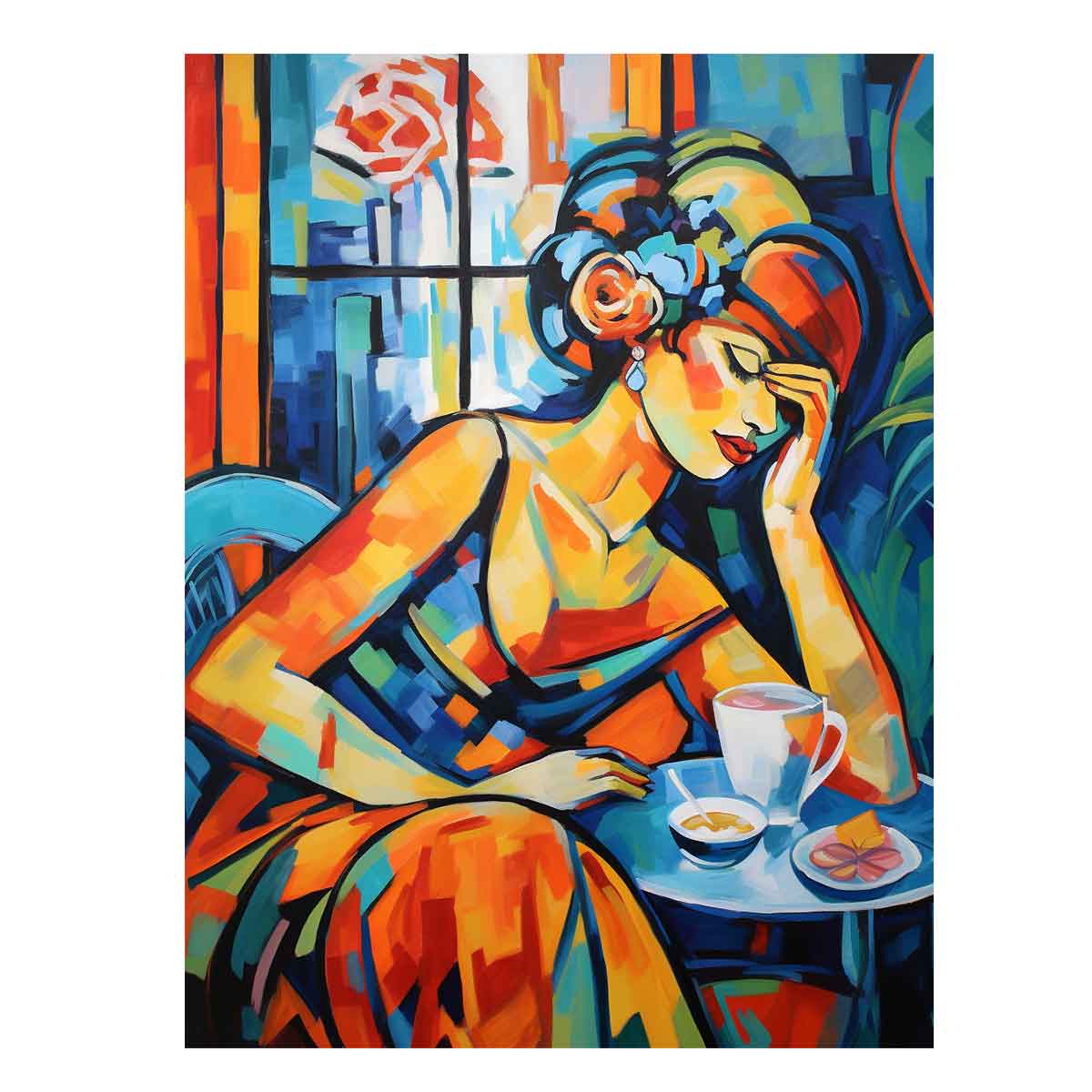 Colorful woman café canvas art for kitchen and dining room decor.