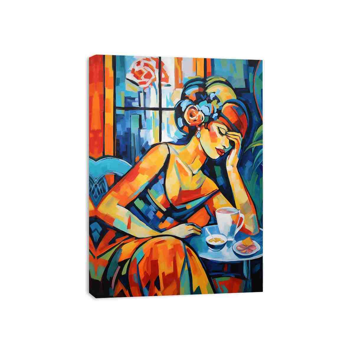 Colorful woman café canvas art for kitchen and dining room decor.